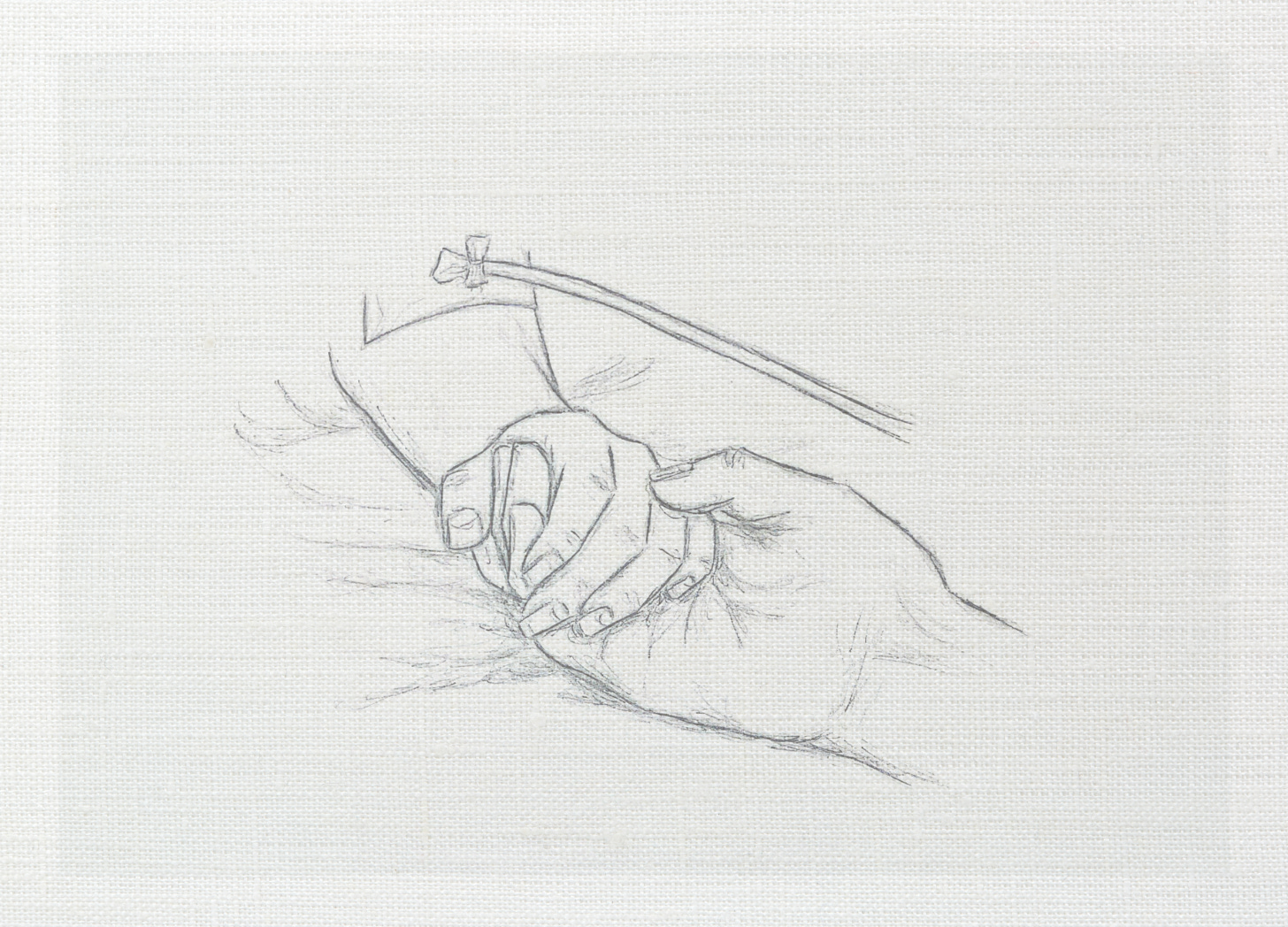 Pencil art on canvas of a man holding a woman's hand; he arm has an iv