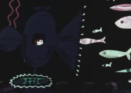 a monstrous looking submarine sucks up all the fish, while its pilot smiles warmly