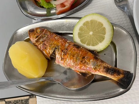 White plate mid-meal with medium-rare grilled steak, potatoes and greens; silver platter with freshly grilled red mullet, a boiled potato, and a round slice of lemon; blue and white plate with eel and potato stew, eel head balanced on a spoon and fork to be seen.