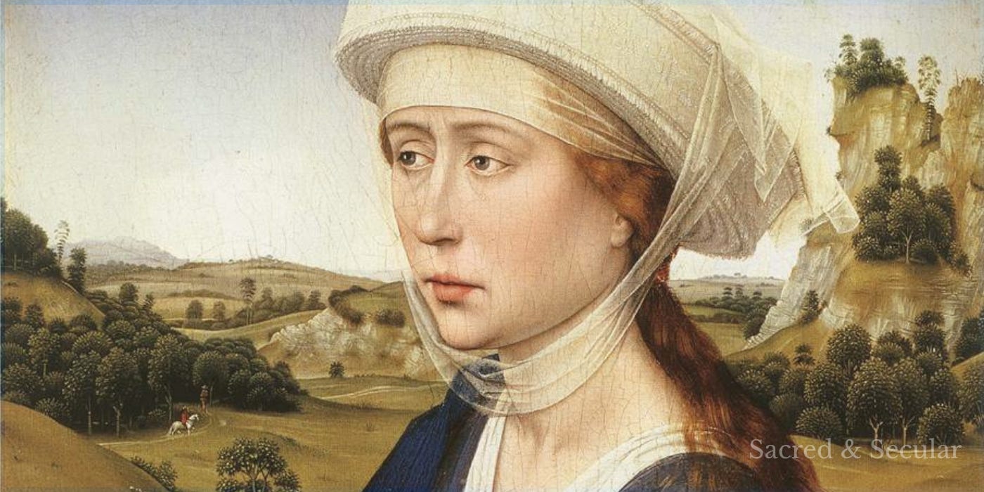 A fifteenth-century painting by Rogier van der Weyden depicting Mary Magdalene in quiet reflection. She wears a white headdress and blue robe, looking thoughtfully into the distance, with a peaceful countryside landscape behind her. The image evokes the grief and hope of her encounter with the risen Jesus in the garden on Easter morning. A fifteenth-century painting by Rogier van der Weyden depicting Mary Magdalene in quiet reflection. She wears a white headdress and blue robe, looking thoughtfully into the distance, with a peaceful countryside landscape behind her. The image evokes the grief and hope of her encounter with the risen Jesus in the garden on Easter morning.