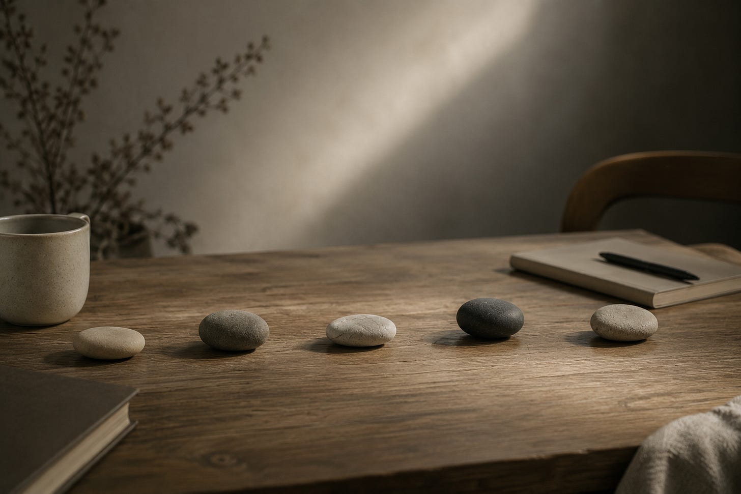 Five small stones rest apart on a quiet wooden table, suggesting different forms of loneliness that are present but not easily named.