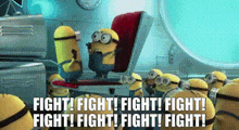 a group of minions are sitting on a plane with the words fight ! fight ! fight ! fight ! fight ! fight !