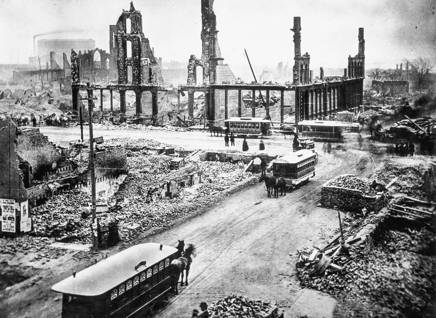 The devastating Great Chicago Fire, which began October 8, 1871, decimated much of the city over two days, killing around 300 and leaving 100,000 homeless.
