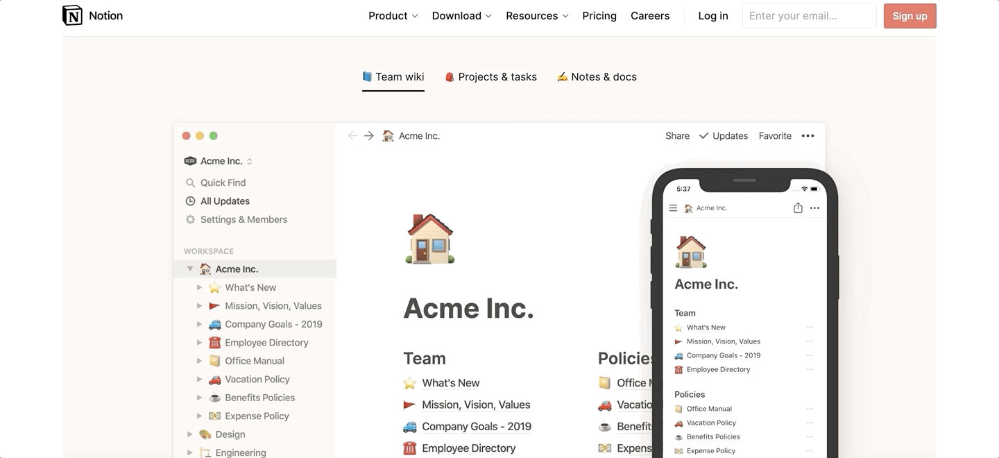 Section of Notion’s homepage that shows the primary use cases such as team wiki, projects and tasks, and notes and docs