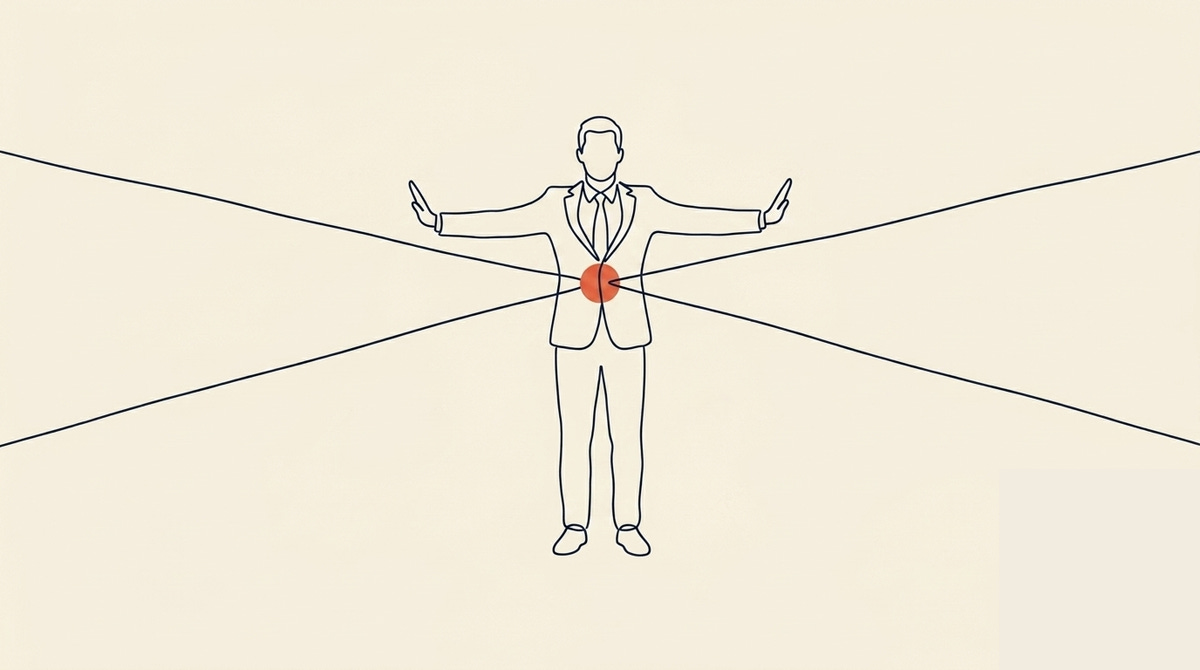Integration Over Extremes - A single figure stands in the centre of the frame, arms extended outward to each side — not open in welcome, but held firm, as if bracing two opposing forces without surrendering to either. Two converging lines approach the figure from opposite sides, meeting at the body. The figure does not lean toward either side. The stance is steady and deliberate. The figure is male, mid-career build, in a business suit.Standing still, arms extended horizontally at shoulderheight, palms facing outward