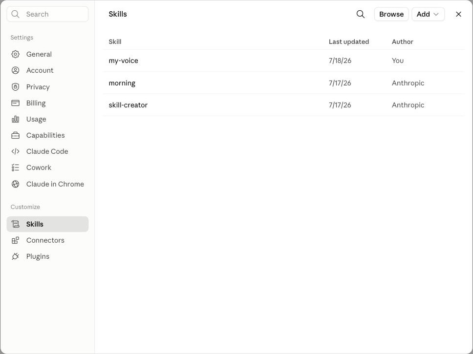 The Skills page in Settings with the my-voice row from issue 5