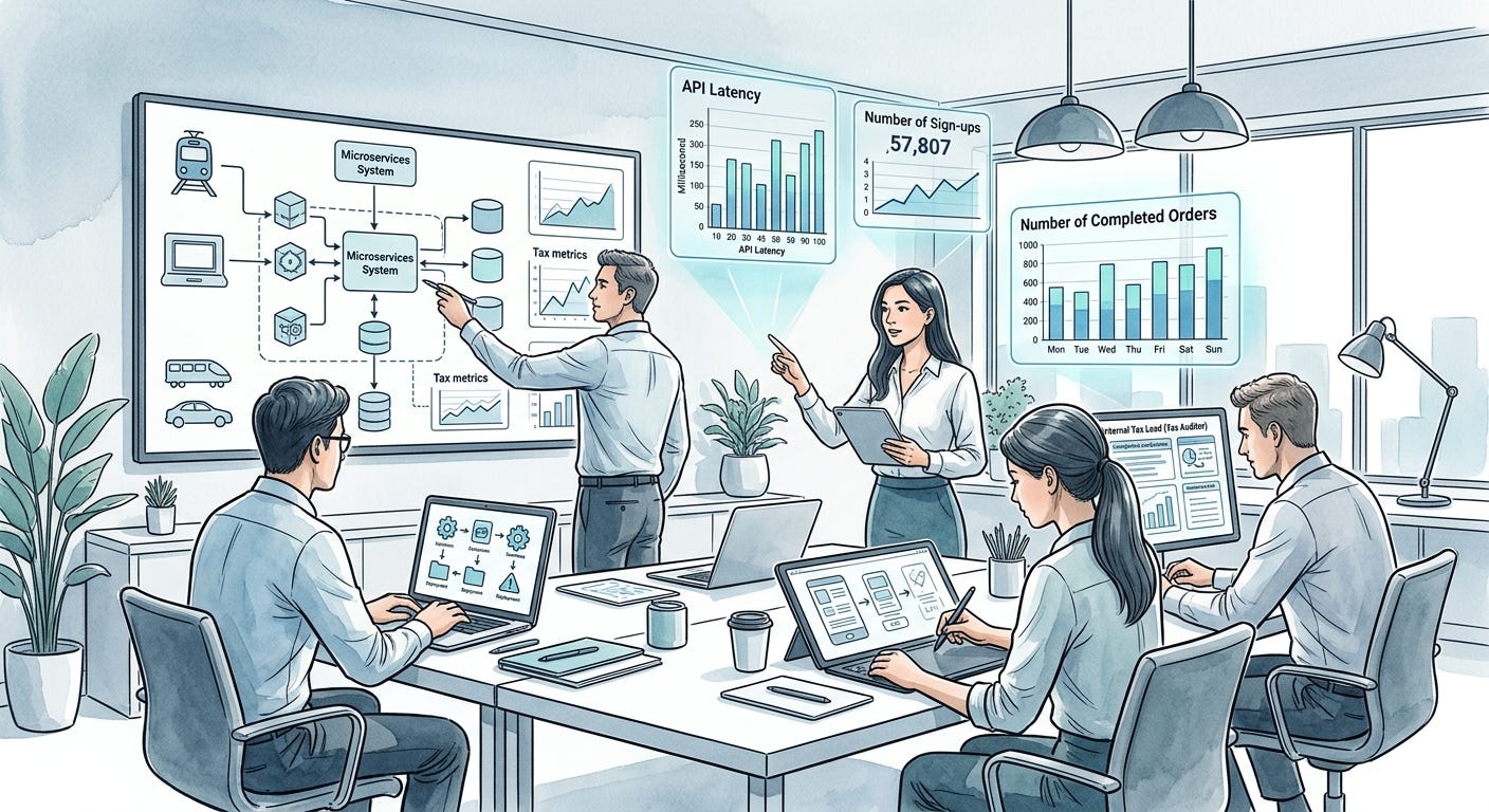 A modern, technical mixed-media illustration of a cross-functional team including a product manager, software architect, engineer, designer, and tax auditor collaborating in a minimalist office. The scene features clean ink linework and soft watercolor washes in cool blues and teals. A large wall-mounted screen displays a microservices system architecture, while translucent 'UI Holograms' in the foreground show glowing bar charts specifically labeled 'API Latency', 'Number of Sign-ups', and 'Number of Completed Orders'. Subtle mobility icons, such as a train and a bus, are integrated into the background display