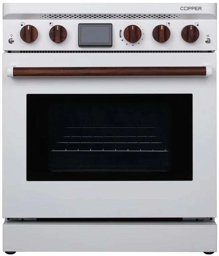 An image of a sleek, modern white stove with wooden knobs and handles and a small digital display. 