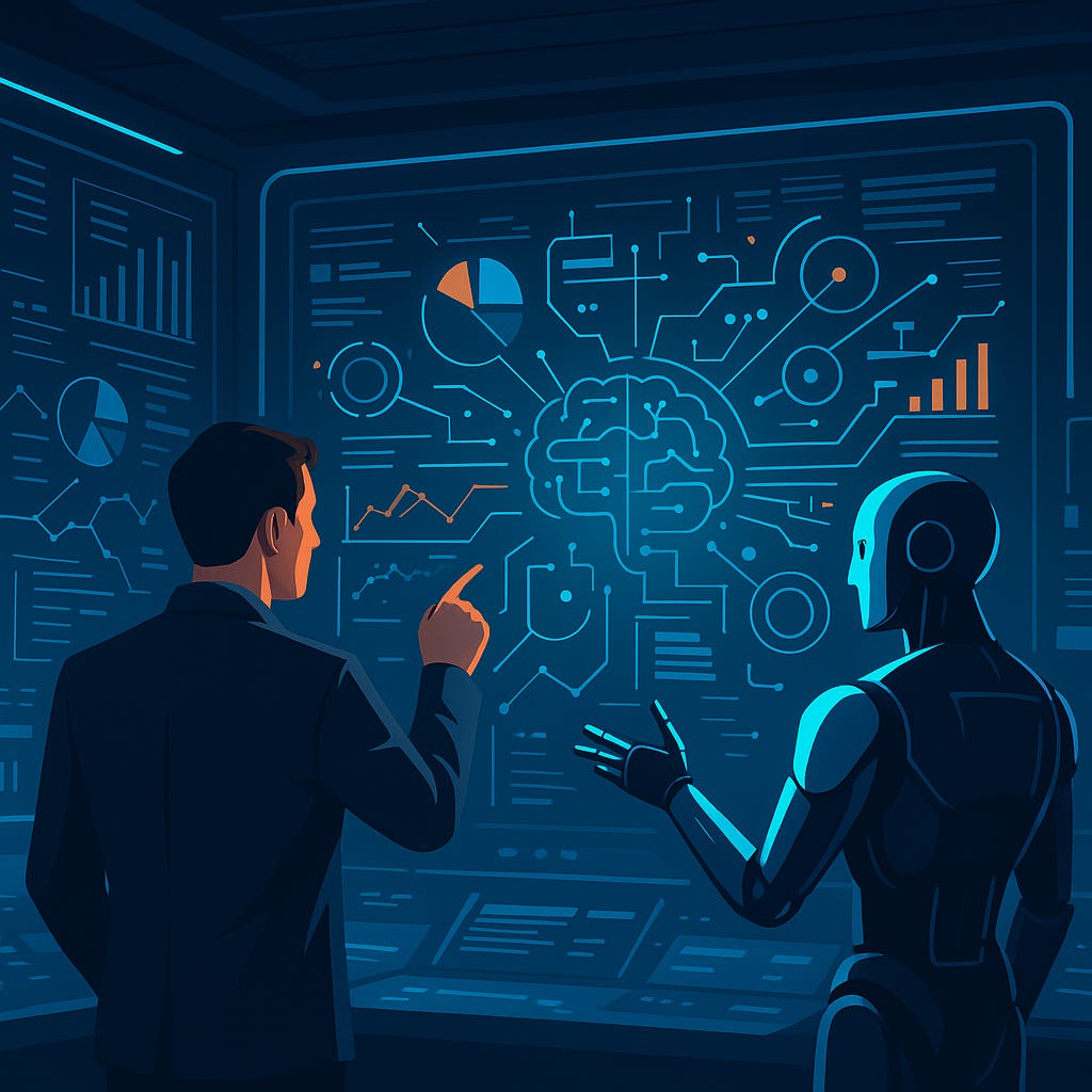 A man and a robot working together looking at a complex diagram