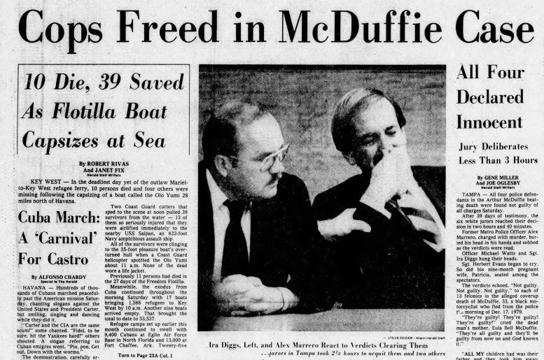 Front page of the Miami Herald on May 18, 1980, reporting the verdict.