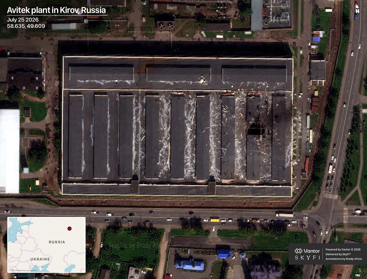 Damage to Russia’s Avitek plant in Kirov. Image © 2026 Vantor. Delivered by SkyFi®. Annotations by Brady Africk.
