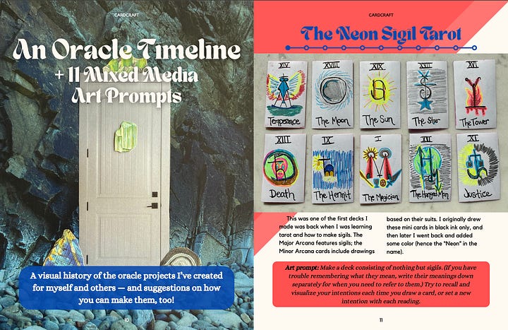Preview of pages in Cardcraft: An Oracle Timeline and 3 examples of oracles I've created; Witch Scouts: The Story of the Merit Badge Oracle' and the beginning of The Ultimate Guide to Creating Your Own Oracle