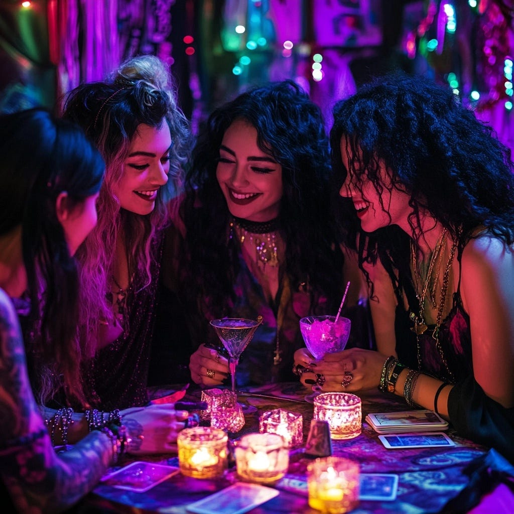Modern witches gathered around a table for magical happy hour, combining spell work with socializing - featuring crystal-garnished cocktails, scattered tarot cards, and an atmosphere of magical sisterhood