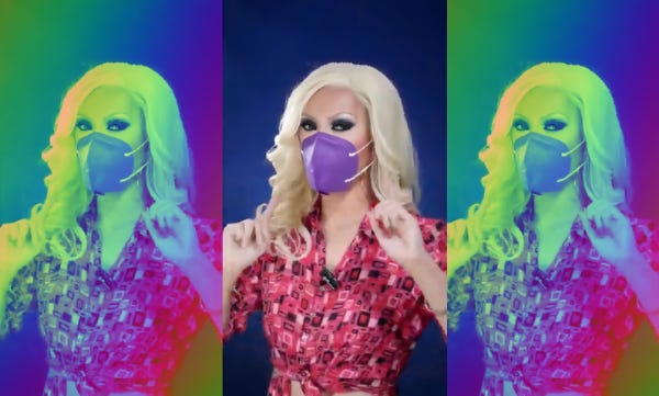 Portrait reproduit en triptyque avec un filtre technicolor sur ceux de droit et de gauche, de l'artist drag Taipei qui porte un masque FFP2 mauve.