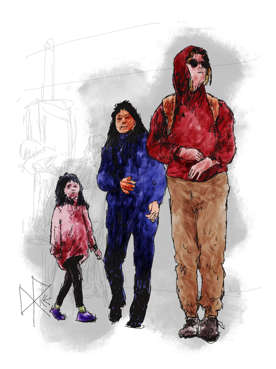 Two adults and a child walk through the open entrance area of a fast food restaurant, prepared to place an order. Sketch art by Don Rice.