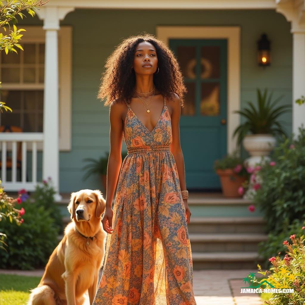 A stunning, golden-brown-skinned woman with luscious, well-groomed dreadlocks stands poised in front of her charming, sun-kissed home, her bright, expressive eyes sparkling with anticipation as she gazes toward the horizon, ready to embark on a new chapter. She wears a flowing, bohemian sundress with intricate patterns and vibrant hues, exuding effortless elegance and warmth, her confident demeanor radiating an aura of excitement and possibility. Beside her, a loyal and happy golden retriever mix sits attentively, its tail wagging softly, sensing the thrill of the new journey ahead. The well-manicured house behind her boasts a welcoming porch, adorned with lush greenery and colorful blooms, hinting at a home filled with love, laughter, and cherished memories. The setting is bathed in warm, golden sunlight, with a subtle film grain and vignette, capturing the essence of a moment suspended in time, evoking the cinematic grandeur of a Wes Anderson film, the atmospheric richness of a Terrence Malick landscape, and the vibrant color palette of a Sofia Coppola portrait, with a dash of the elegant, laid-back style of a Gordon Parks photograph.
