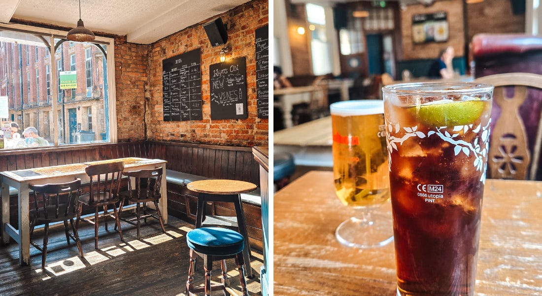 Two pictures of The Angel Microbrewery pub in Nottingham - one of the interior with wooden tables and brick walls and one of two drinks on a wooden table Two pictures of The Angel Microbrewery pub in Nottingham - one of the interior with wooden tables and brick walls and one of two drinks on a wooden table