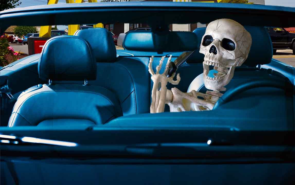 Artist's rendition of a woman found in her car waiting for an iced tea and a burger.