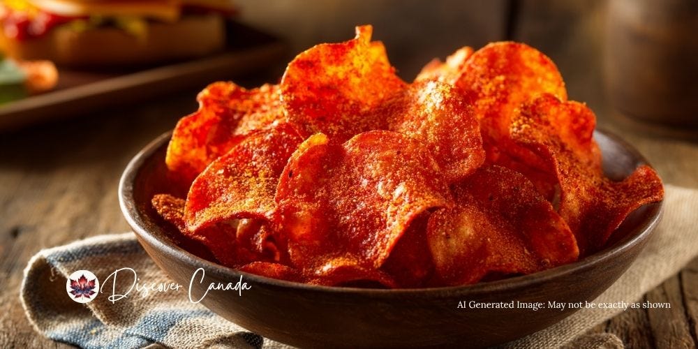 A bowl of crispy Canadian ketchup chips with bright red seasoning. A bowl of crispy Canadian ketchup chips with bright red seasoning.