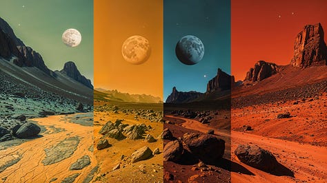 A planet or moon, hovers over a rocky, mountainous terrain with a desert and a river. The image is divided into four quadrants of orange, yellow, blue, and green.
