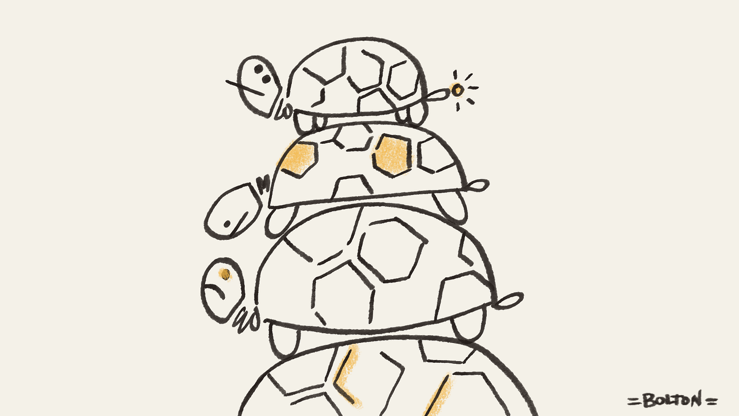 Animated illustration of four turtles stacked on top of one another, with a yellow flash appearing on a different part of each turtle to signal they are robots. Illustration by Rachael Bolton. Animated illustration of four turtles stacked on top of one another, with a yellow flash appearing on a different part of each turtle to signal they are robots. Illustration by Rachael Bolton.