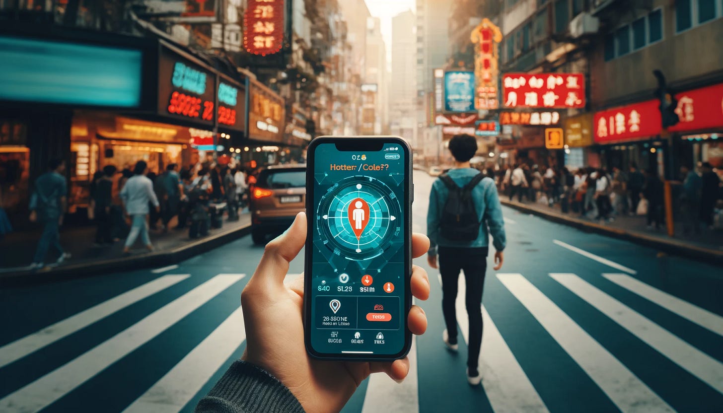 A phone, centre screen, being used on a busy street. The phone shows an app called Hotter:/COLE?.