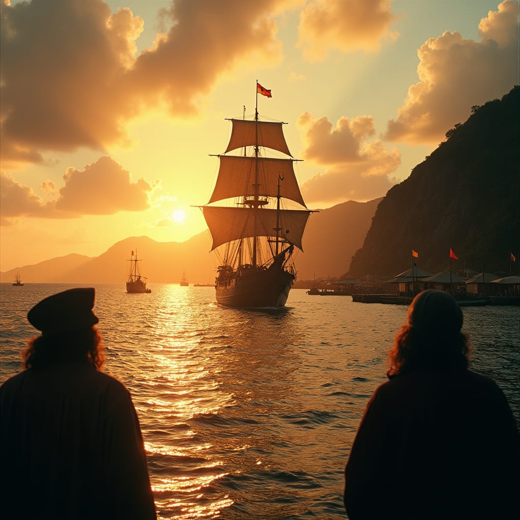 A majestic Spanish galleon sails into the Jamaican harbor, 1498, as the first Spanish settlers disembark, establishing the island's inaugural town. Warm, golden light of the setting sun casts a cinematic glow, with subtle film grain and vignette, evoking a sense of nostalgia and history.