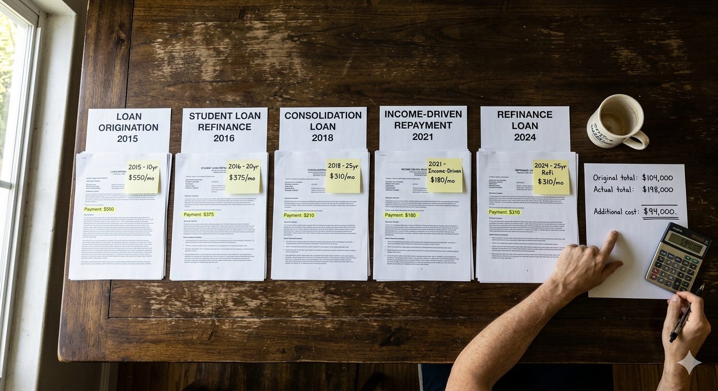 Loan documents spread chronologically showing five refinances over nine years, each extending terms and reducing payments. At end: handwritten calculation showing $94,000 additional interest paid. The commitment ratchet in debt—each extension felt like relief, cumulatively became trap. Loan documents spread chronologically showing five refinances over nine years, each extending terms and reducing payments. At end: handwritten calculation showing $94,000 additional interest paid. The commitment ratchet in debt—each extension felt like relief, cumulatively became trap.