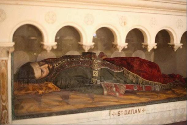 Wax effigy of St. Datian at the Church of the Most Holy Redeemer in New York. Wax effigy of St. Datian at the Church of the Most Holy Redeemer in New York.