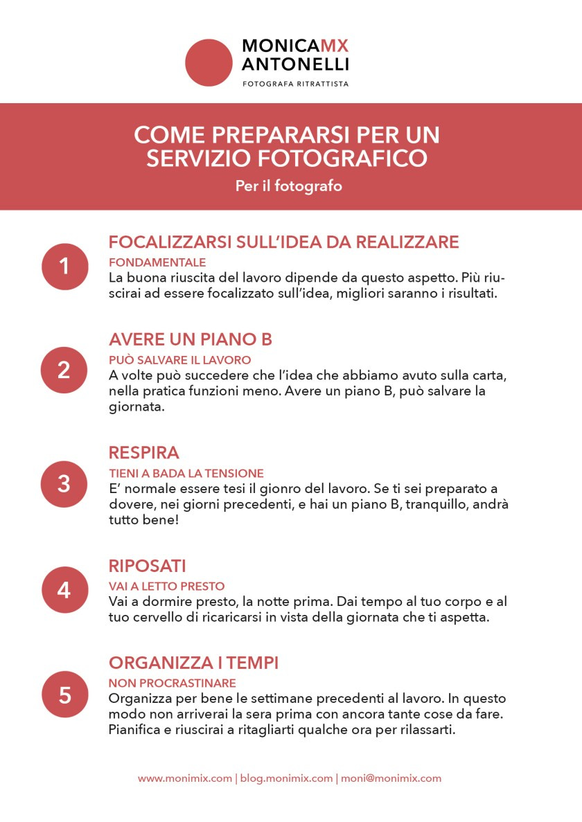 Infografica "Come prepararsi per un servizio fotografico", per il fotografo