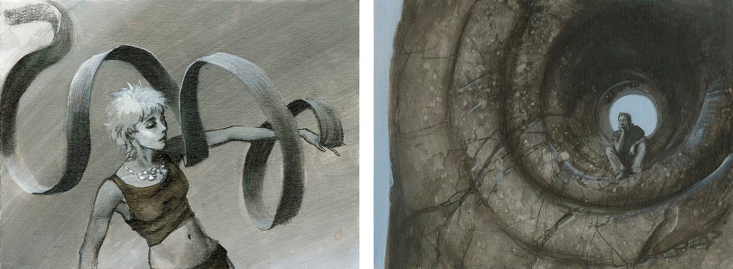 Two landscape oriented paintings. LEFT: A long, wide ribbon twirls around the arm of a skinny woman in tank top with short blonde hair. It begins around her fingers, billows as it orbits her extended arm, ascends behind her should to arc over her head, dipping one more time before it rises up again at the edge of the panel. RIGHT: The artist sits pondering at the center of a massive stone structure that retreats inward in concentric ring. Blue sky shows through right behind him, so we get a good view of his upper body in contrast. Staring out at an angle, he rests his chin in the cup of his palm as fingers spread spider-legged over his mouth and beard.