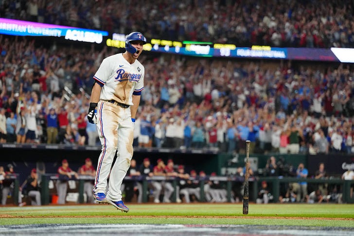 Corey Seager ruining Arizona's night. (Daniel Shirey/MLB Photos via Getty Images)