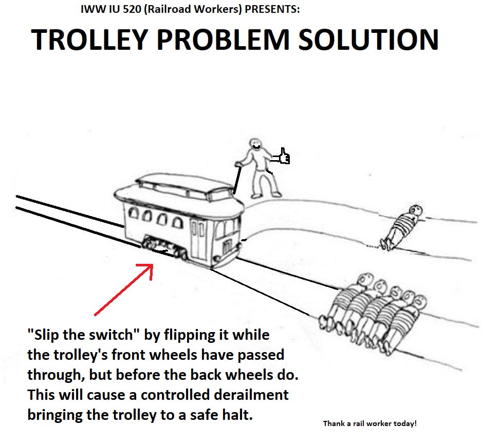Meme. Trolley problem. Top text reads: "IWW IU 520 (Railroad Workers) PRESENTS: TROLLEY PROBLEM SOLUTION" It then shows a trolley passing through a switch. A figure stands off to one side next to a lever controlling the switch. In front of the trolley, on the track it is on, are tied 5 people. On the siding, there is one person tied up. A red arrow points towards the wheels of the trolley, which are equidistant over the middle of the switch. Bottom text reads "Slip the switch by flipping it while the trolley's front wheels have passed through, but before the back wheels do. This will cause a controlled derailment bringing the trolley to a safe halt." Meme. Trolley problem. Top text reads: "IWW IU 520 (Railroad Workers) PRESENTS: TROLLEY PROBLEM SOLUTION" It then shows a trolley passing through a switch. A figure stands off to one side next to a lever controlling the switch. In front of the trolley, on the track it is on, are tied 5 people. On the siding, there is one person tied up. A red arrow points towards the wheels of the trolley, which are equidistant over the middle of the switch. Bottom text reads "Slip the switch by flipping it while the trolley's front wheels have passed through, but before the back wheels do. This will cause a controlled derailment bringing the trolley to a safe halt."