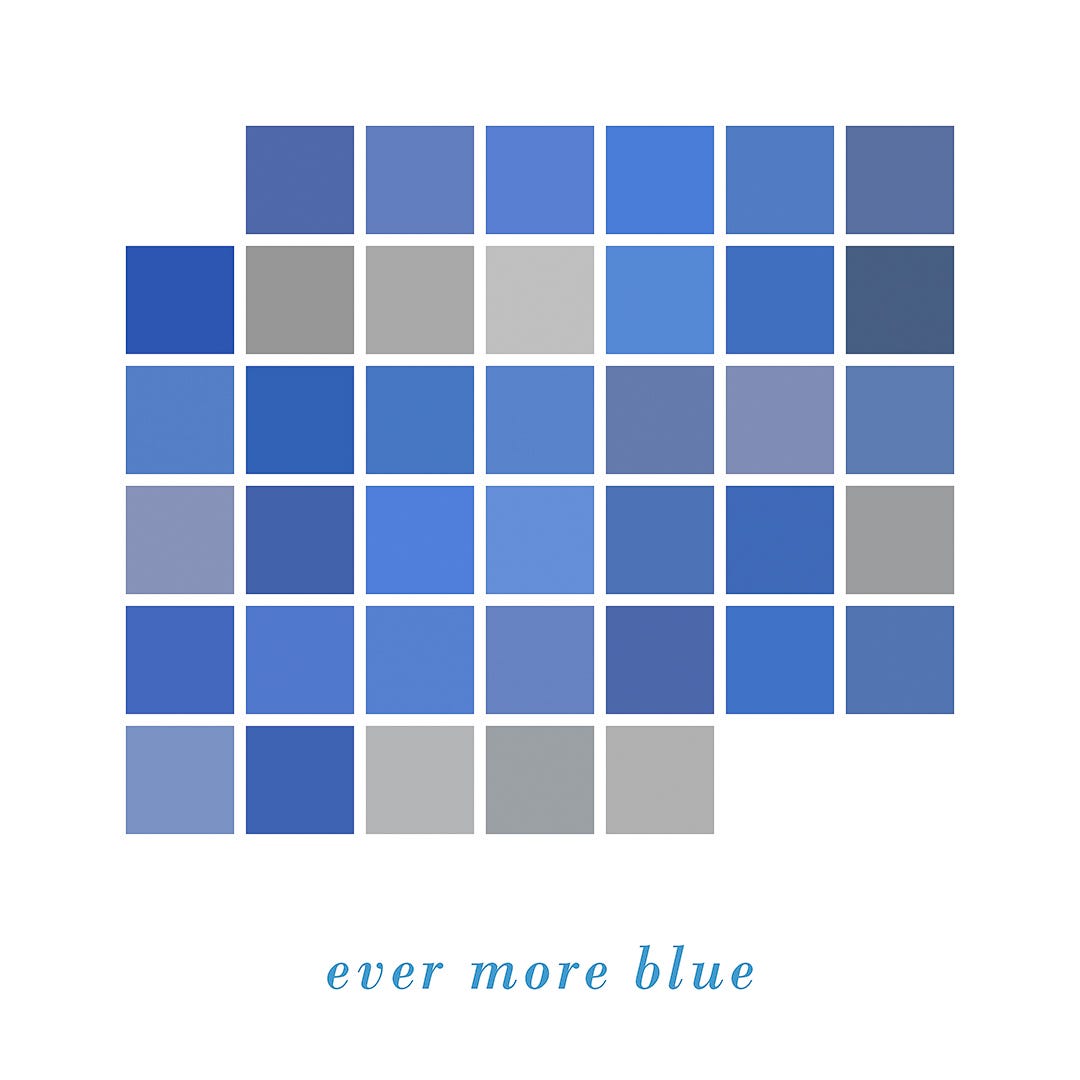 ever more blue, a collage of colour sampled from the sky by artist Michela Griffith. Each square represents one day in the UK’s lockdown, from 23 March to 30 April 2020. 