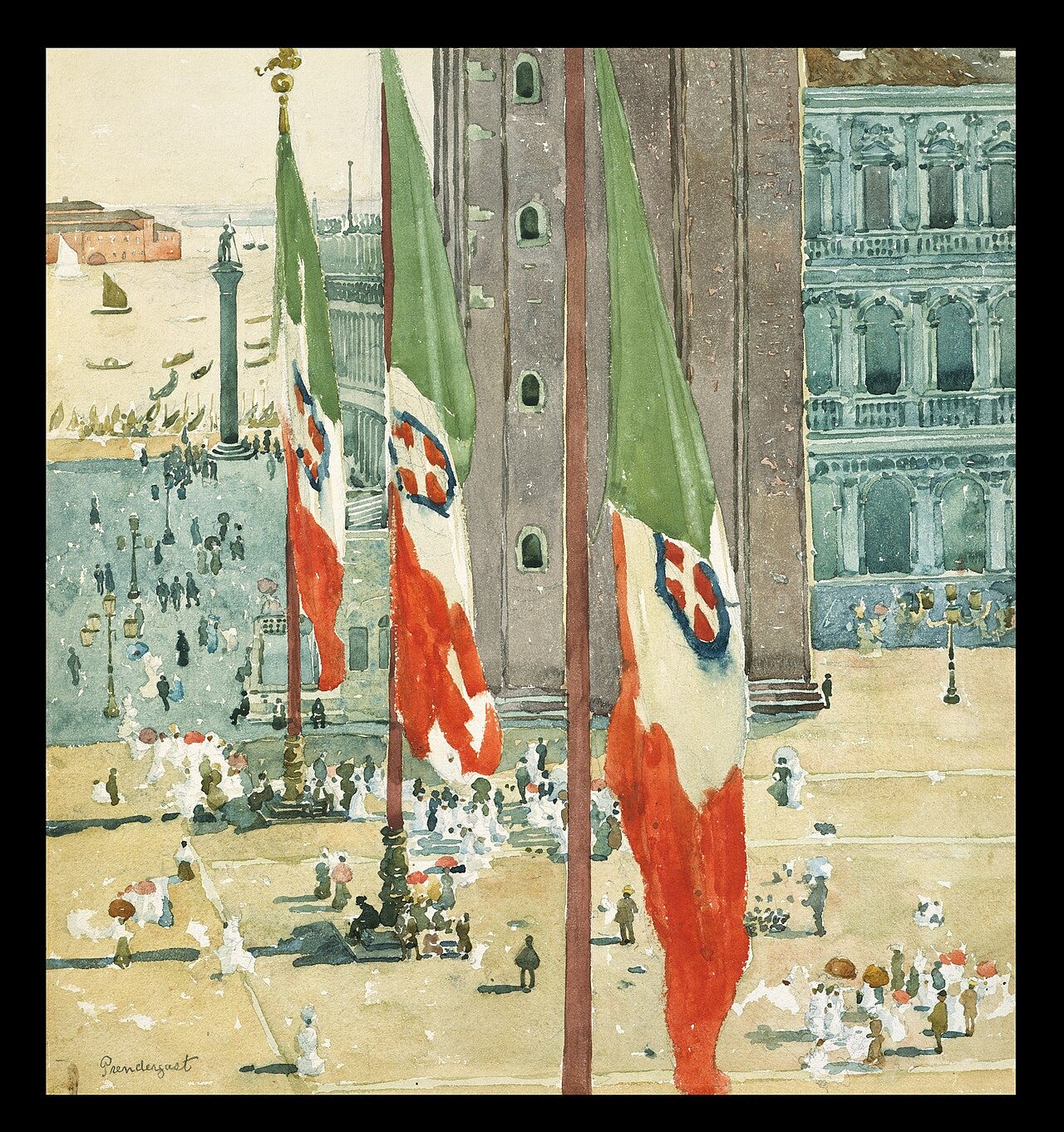 A watercolor looking down on St. Mark's Square, with three flagpoles and their flags crowding the foreground and the bell tower cut off at the top A watercolor looking down on St. Mark's Square, with three flagpoles and their flags crowding the foreground and the bell tower cut off at the top