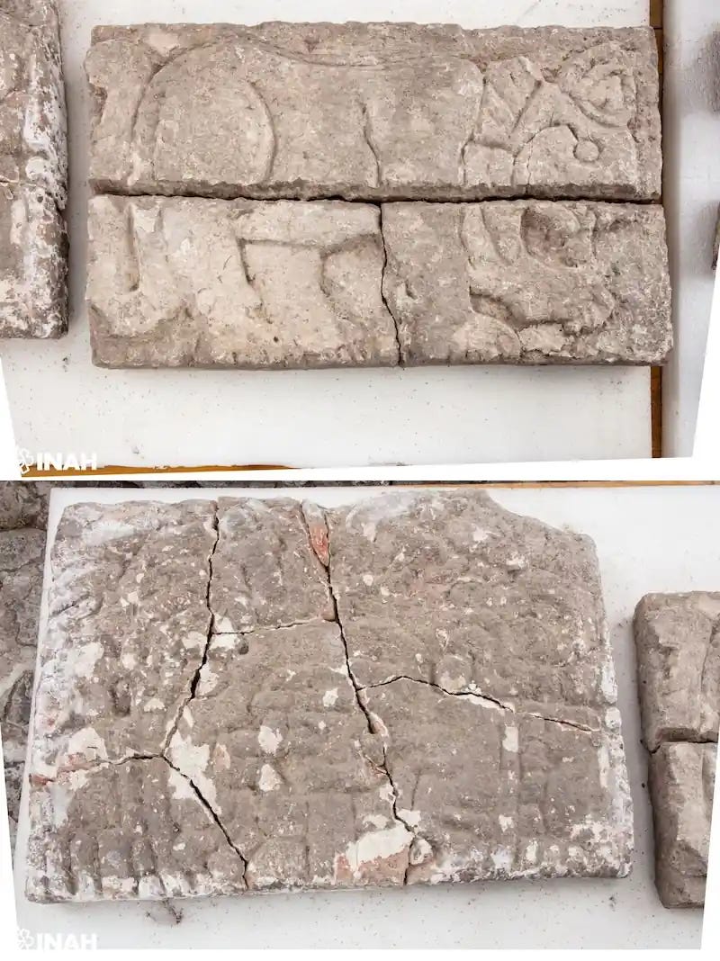 Two reliefs were uncovered by INAH researchers, one depicting a feline and the other the deity Tlahuizcalpantecuhtli Two reliefs were uncovered by INAH researchers, one depicting a feline and the other the deity Tlahuizcalpantecuhtli