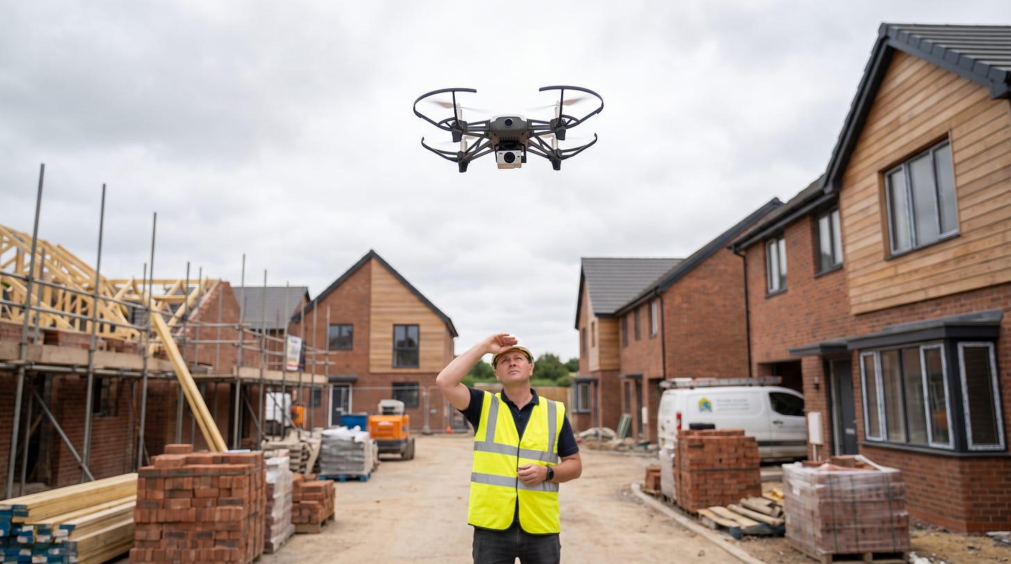 Een uitvoerder met helm en hesje staat stil midden op een half afgebouwd woningbouwproject en kijkt met zijn hand boven zijn ogen omhoog naar een kleine quadcopter die laag boven het werk hangt Een uitvoerder met helm en hesje staat stil midden op een half afgebouwd woningbouwproject en kijkt met zijn hand boven zijn ogen omhoog naar een kleine quadcopter die laag boven het werk hangt