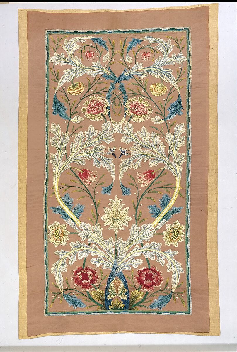 Panel of floral embroidery, William Morris (British, Walthamstow, London 1834–1896 Hammersmith, London), Silk on silk; linen backing, British Panel of floral embroidery, William Morris (British, Walthamstow, London 1834–1896 Hammersmith, London), Silk on silk; linen backing, British