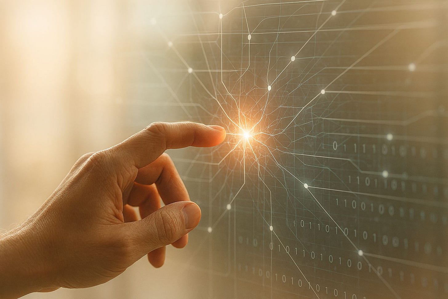 A human hand gently touching a complex, transparent AI interface that shows a glowing, interconnected network. The interaction is collaborative, not confrontational. The atmosphere is calm, hopeful, and bathed in soft, warm morning light.