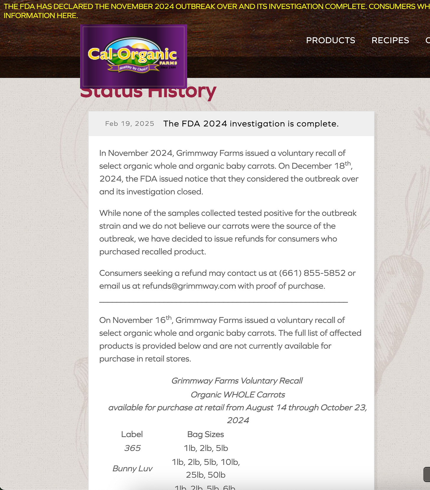 Website text explaining the consequences of a food contamination outbreak