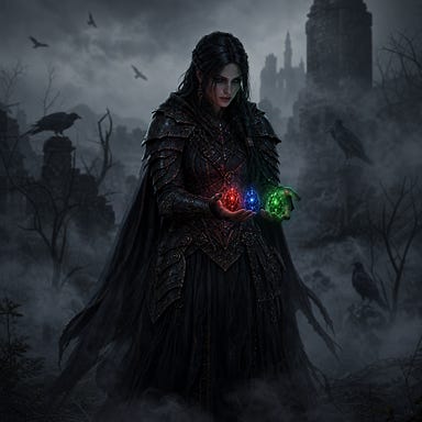 Clarion holding three glowing magical gems in Barovian mist