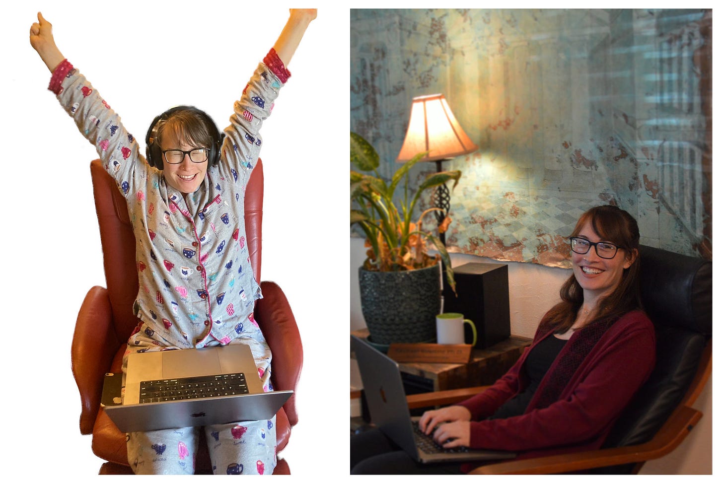 Two photos of Rachael writing: At left, Rachael is in her pajamas with a laptop in a red chair; she's stretching and yawning. At right, Rachael is sitting in a black chair with her laptop, professionally dressed and smiling.