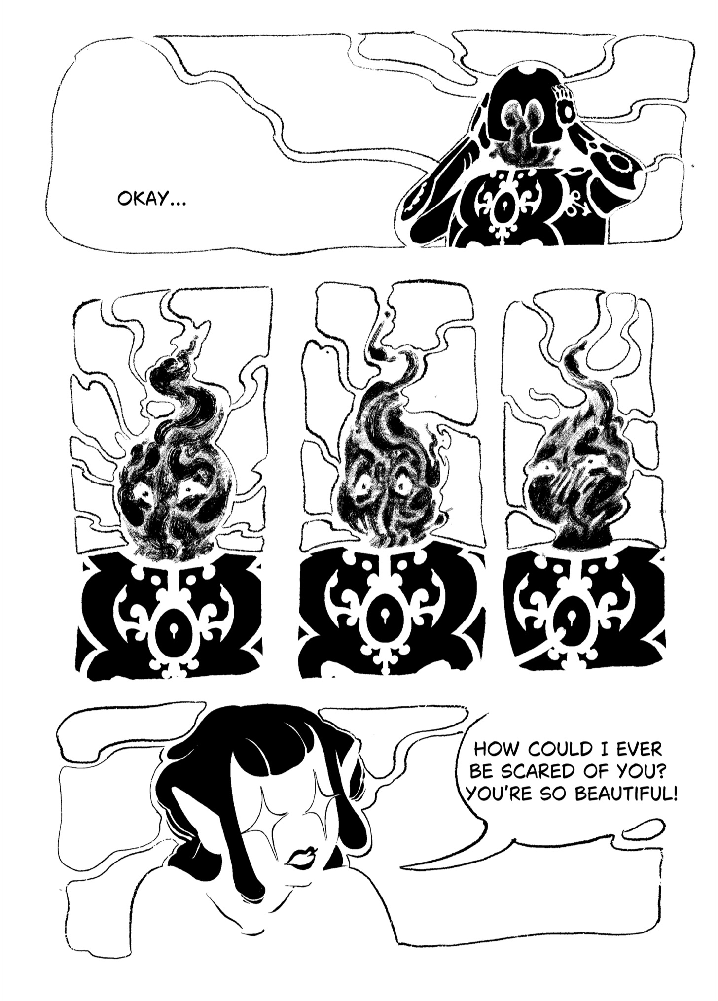 Shadowquest comic page where Hombra removes his helmet revealing a shadow face and Fauna calls him beautiful Shadowquest comic page where Hombra removes his helmet revealing a shadow face and Fauna calls him beautiful