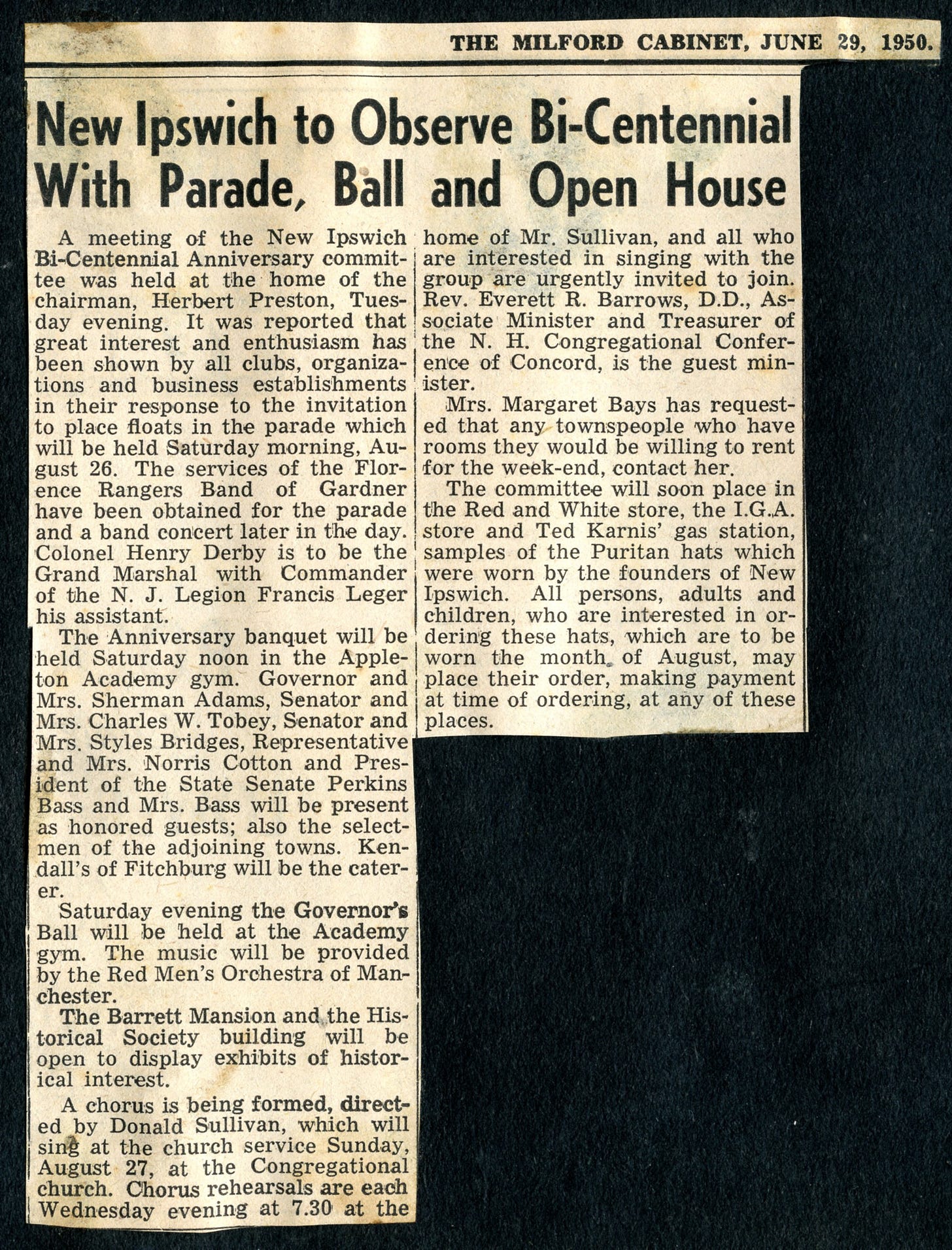 The Milford Cabinet news clipping