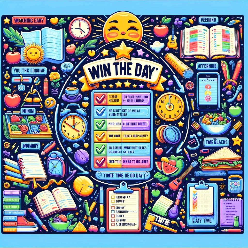Imagine a colorful and engaging infographic that visually represents a student's daily routine, designed to highlight 'Win the Day' tasks. The infographic is divided into different sections for morning, afternoon, and evening routines, each decorated with icons and illustrations that are relevant to a student's life. The morning section includes waking up early, a healthy breakfast, and a short exercise session, represented by a sunrise, a bowl of fruits, and a pair of running shoes. The afternoon section features focused study sessions, a balanced lunch, and time blocks for hobbies or skill development, illustrated by books, a sandwich and apple, and a guitar or paintbrush. The evening routine showcases winding down with light reading, planning for the next day with a to-do list, and early bedtime, illustrated by a book, a checklist on a clipboard, and a moon with stars. Each 'Win the Day' task is marked by a gold star or trophy icon to emphasize their importance in achieving daily success. The overall design is vibrant, with motivational quotes scattered throughout to inspire and encourage the student.