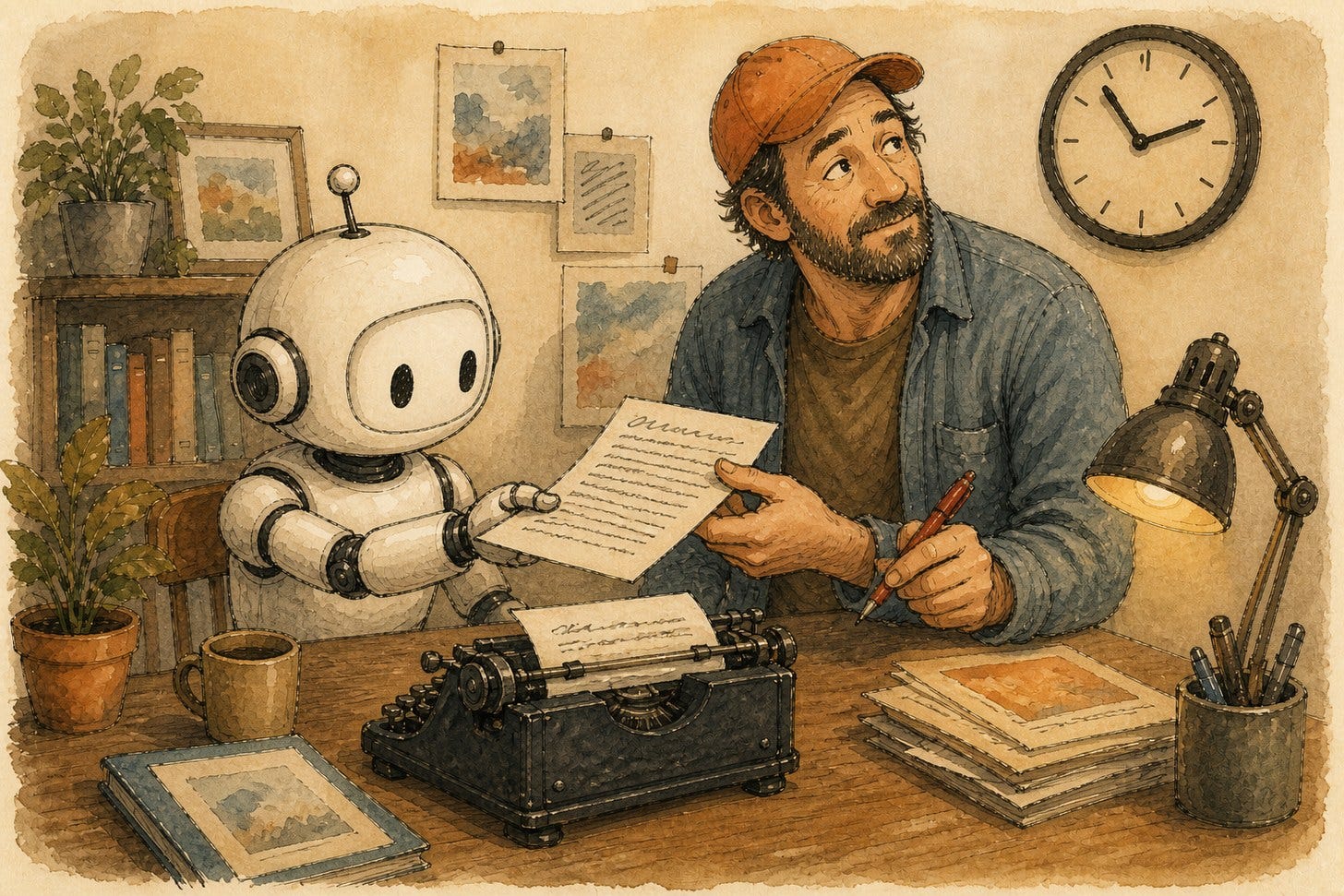 Watercolor illustration: the white robot passes a finished typed page across the desk to the bearded man in the orange cap, who takes it with one hand while holding a red pen in the other. A typewriter and a stack of pages sit between them.