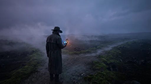 A person holding a glowing compass at a misty crossroads A person holding a glowing compass at a misty crossroads
