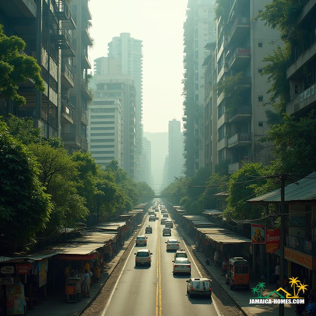 Downtown Kingston's sleek skyscrapers, wrapped in lush greenery and cascading waterfalls, surrounded by Jamaican vendors in sky-level public plazas, reggae murals on lower levels, amidst modern elevated roads, with tropical mountain backdrop, in a cinematic film still, inspired by the styles of Syd Mead, Ash Thorp, and Simon Stalenhag, with film grain, vignette, and color grading, evoking a sense of epic, atmospheric, and dramatic, 35mm film quality.