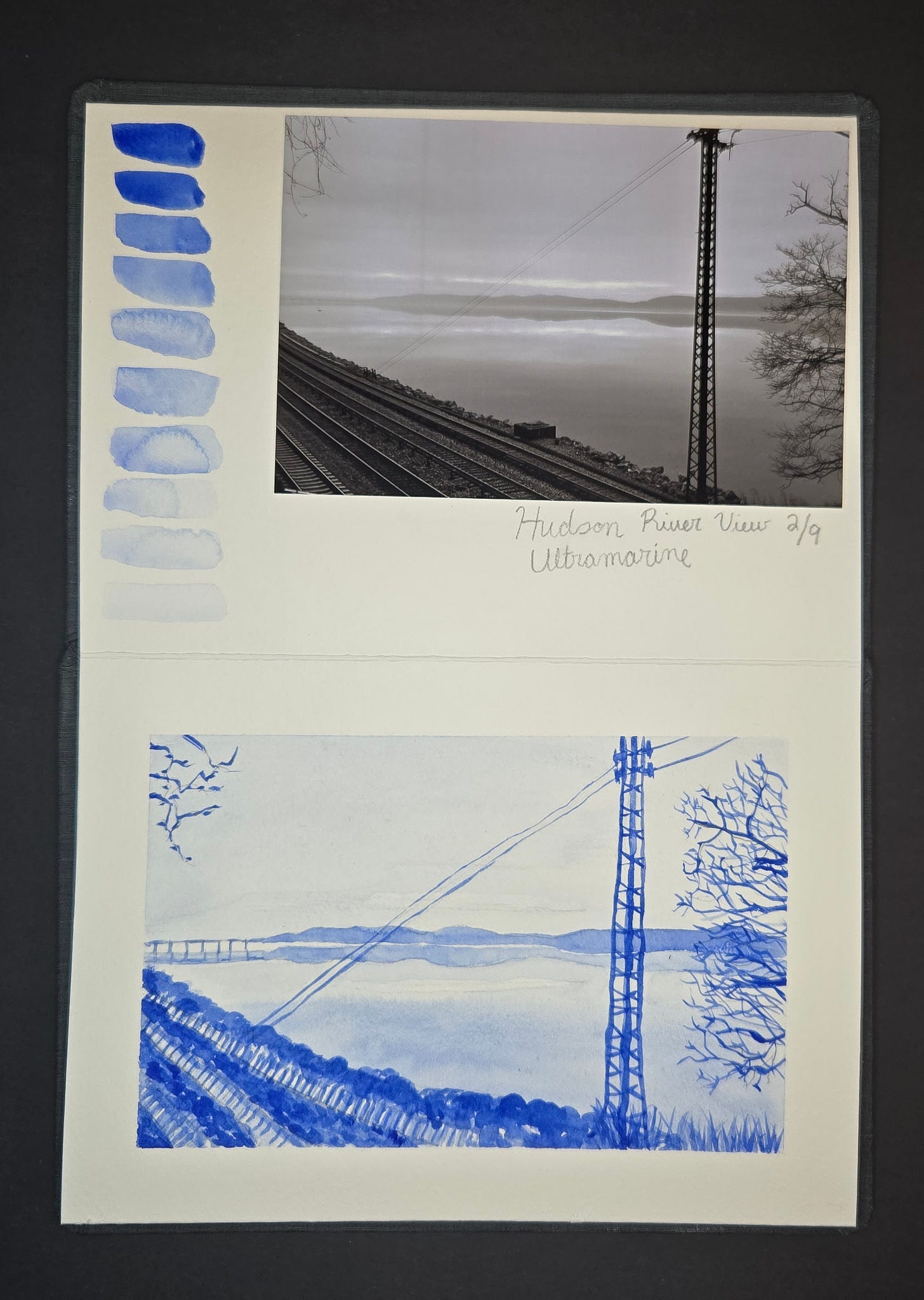 Hudson River study in ultramarine watercolor, with railway tracks, telegraph pole, and misty hills fading into the horizon.