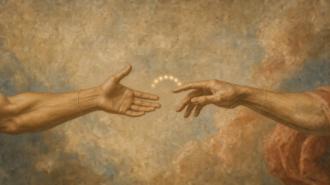 ilustração de uma mão que está prestes a cumprimentar outra. Estilo de pintura parecendo com a de Michelangelo ilustração de uma mão que está prestes a cumprimentar outra. Estilo de pintura parecendo com a de Michelangelo
